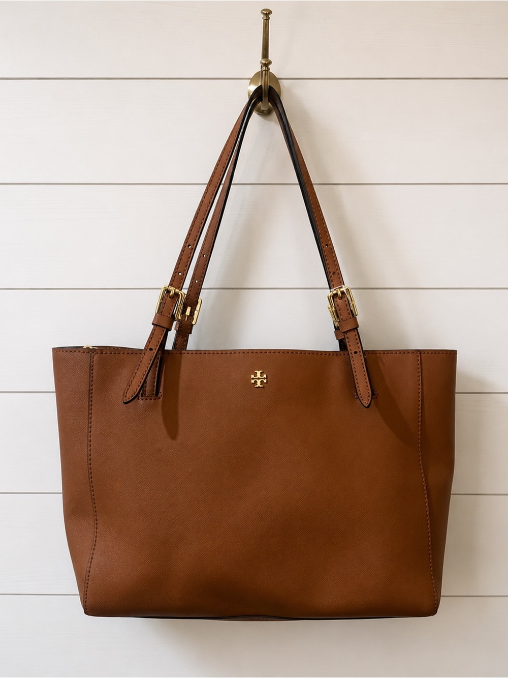 Tory Burch Brown Leather Double-Handle Tote with Gold Logo. Medium Size
